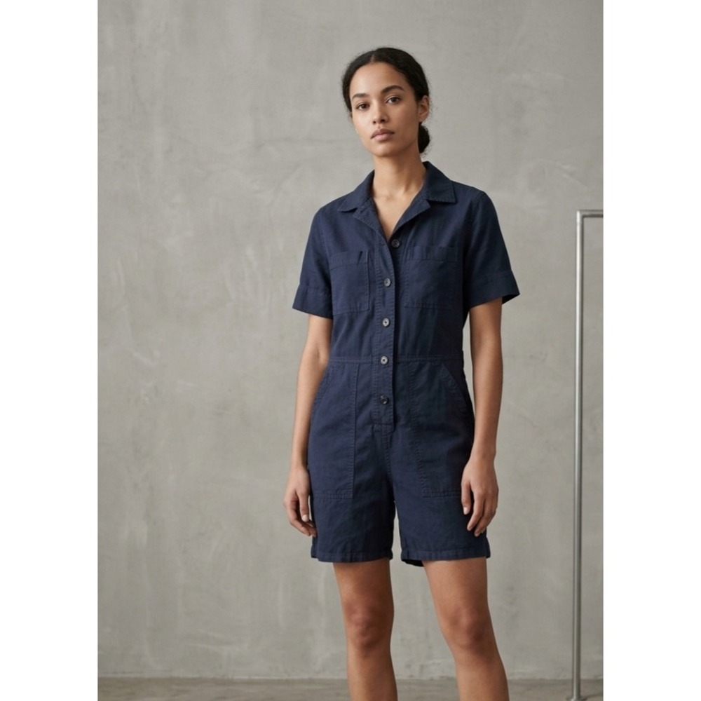 Everlane Utility Corduroy Short Sleeve Button Front Romper Navy Blue 4